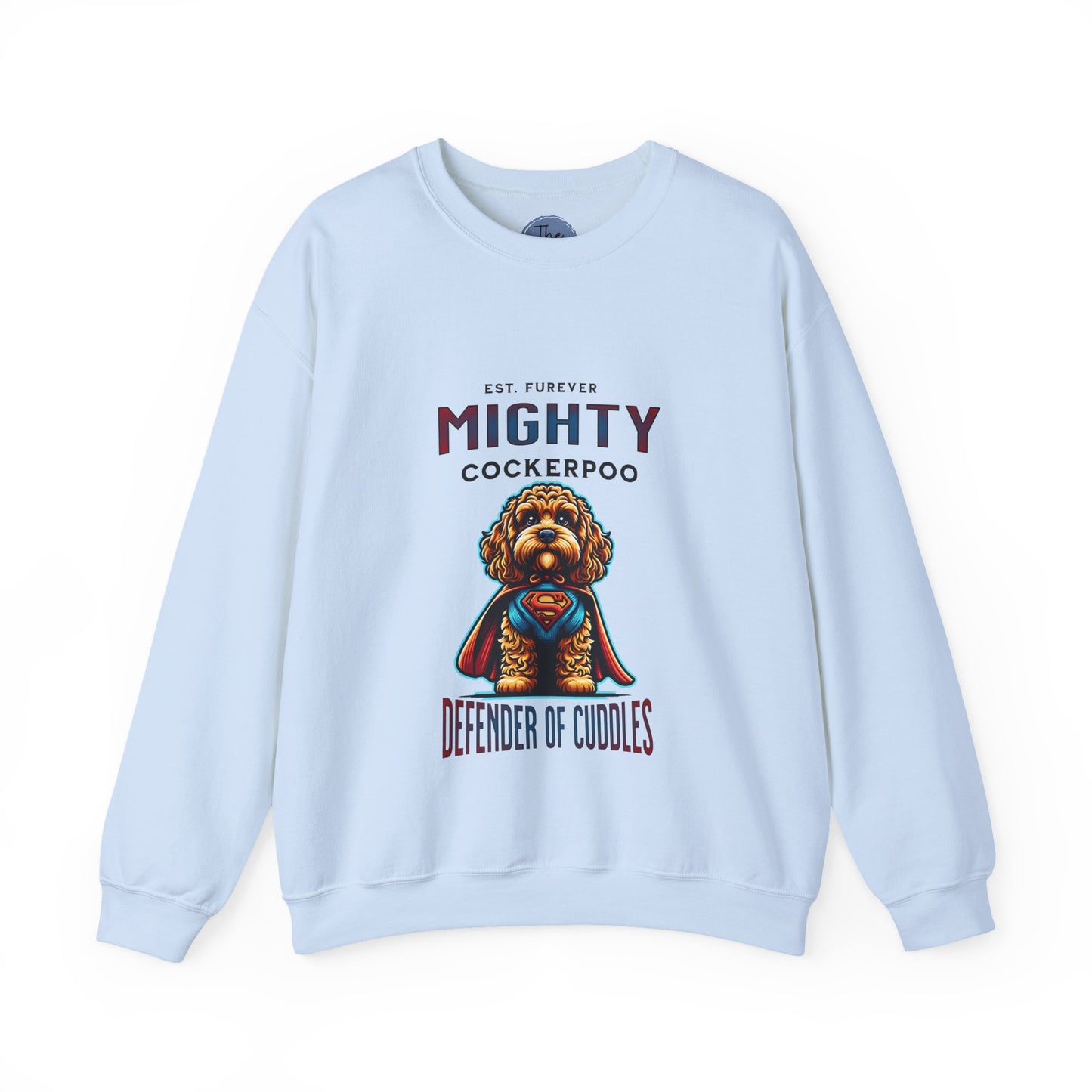Mighty Cockerpoo Sweatshirt, Defender of Cuddles, Pet Lover Gift, Cozy Apparel, Dog-Themed Sweater, Funny Dog Merchandise