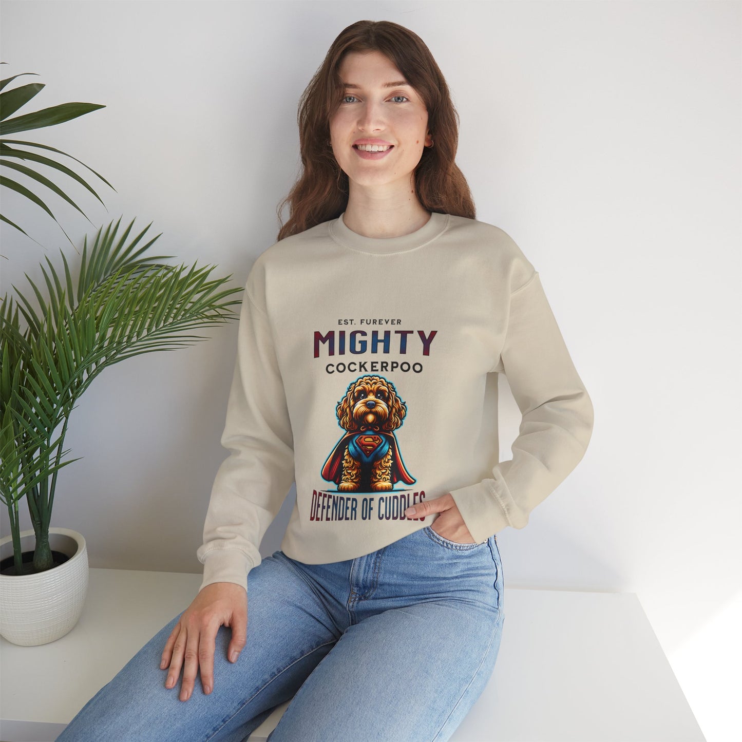Mighty Cockerpoo Sweatshirt, Defender of Cuddles, Pet Lover Gift, Cozy Apparel, Dog-Themed Sweater, Funny Dog Merchandise