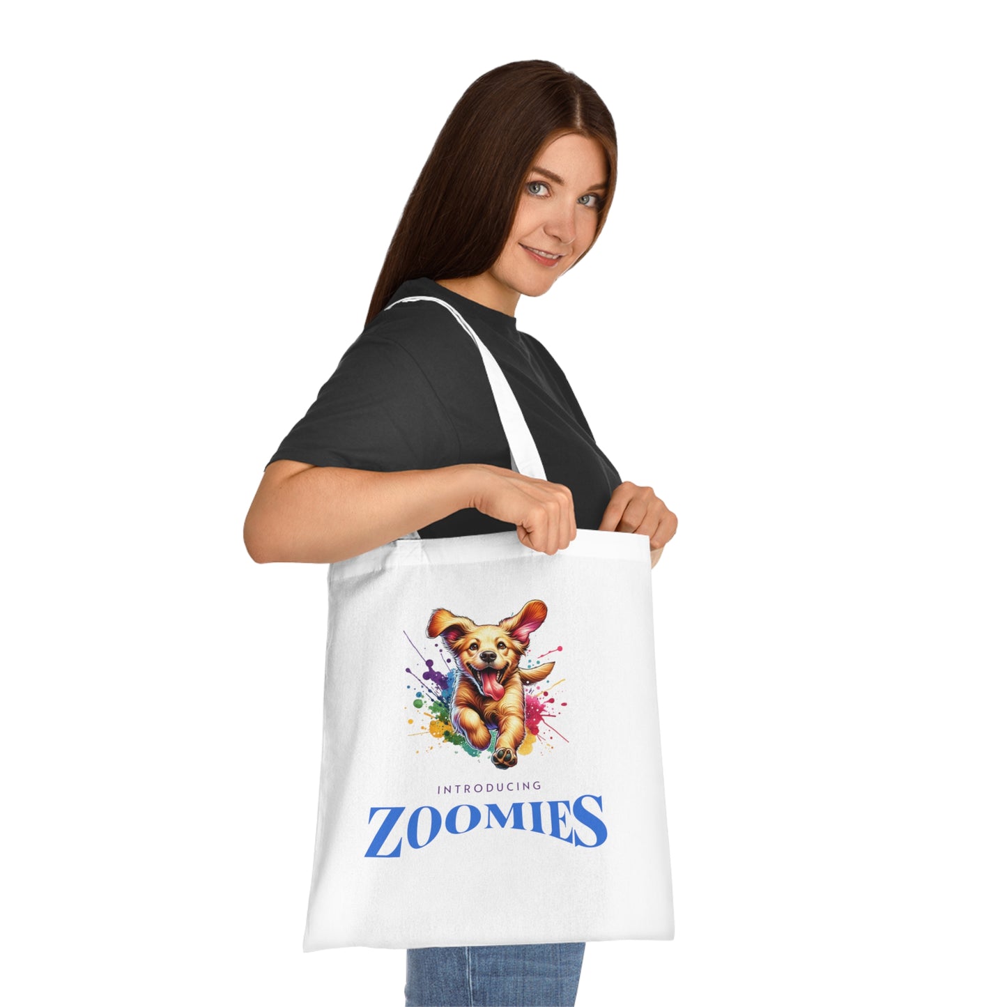 Zoomies Dog Tote Bag — Cute Running Puppy Cotton Tote, 'Introducing Zoomies' Pet Lover Gift