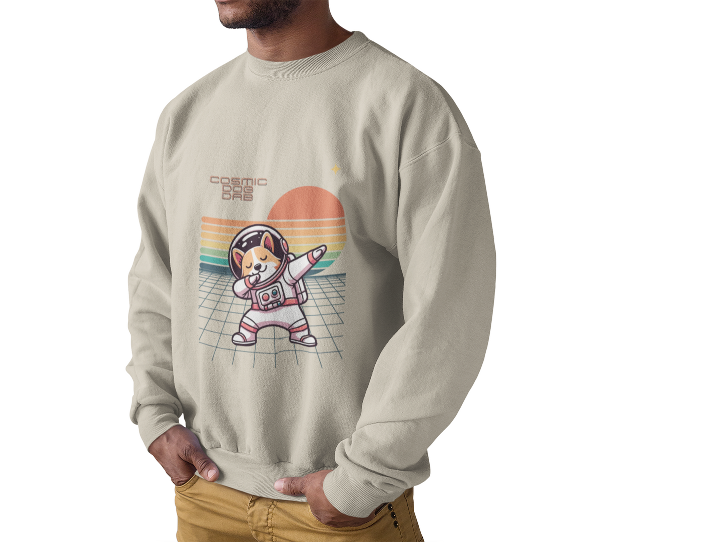 Cosmic Dog Dabbing Crewneck Sweatshirt, Comfortable Sweatshirt, Unisex Apparel, Retro Space Sweatshirt, Gift for Space Lovers