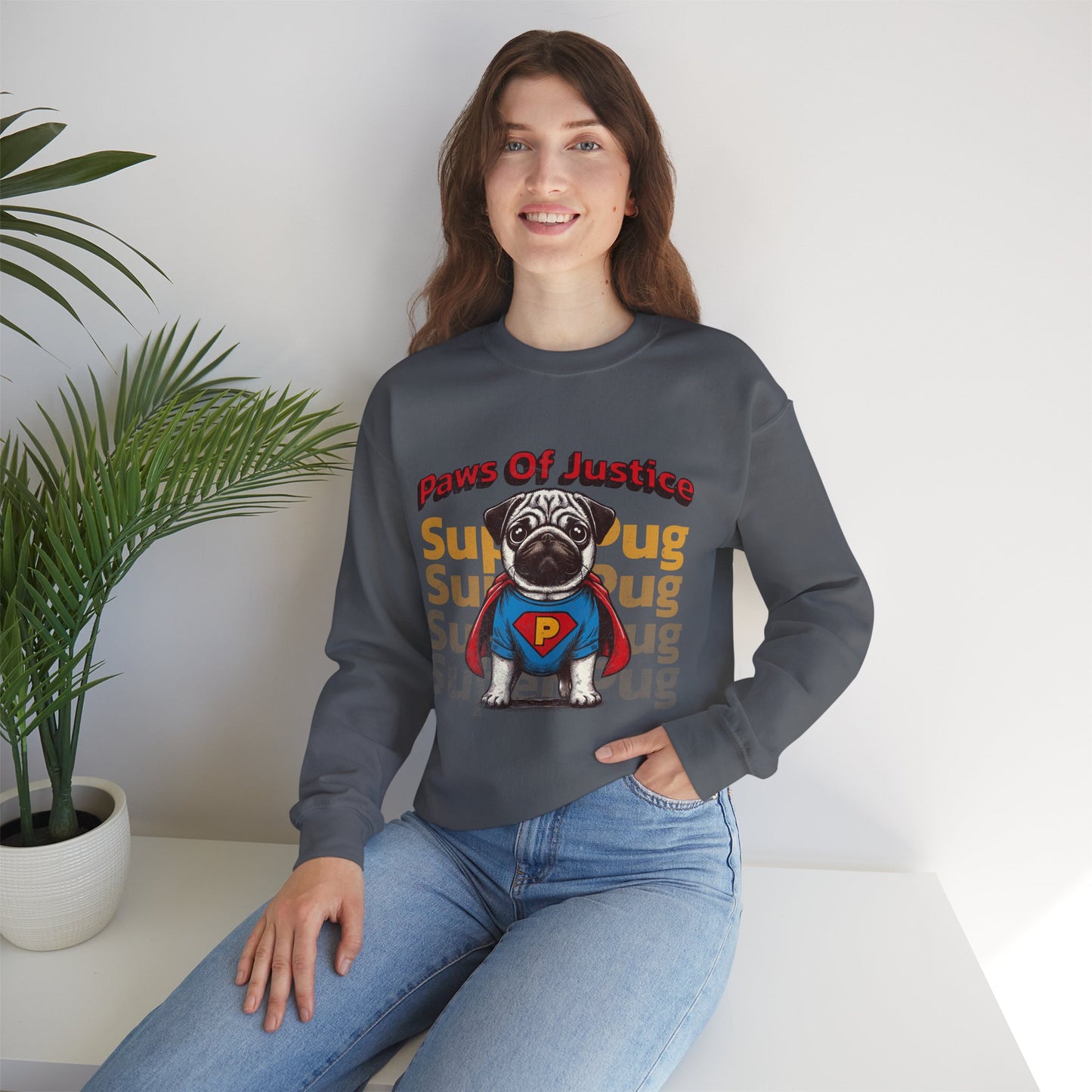 Super Pug Justice Sweatshirt, Funny Dog Sweater, Gift for Dog Lovers, Cozy Crewneck, Pet-Themed Apparel, Unisex Sweatshirt