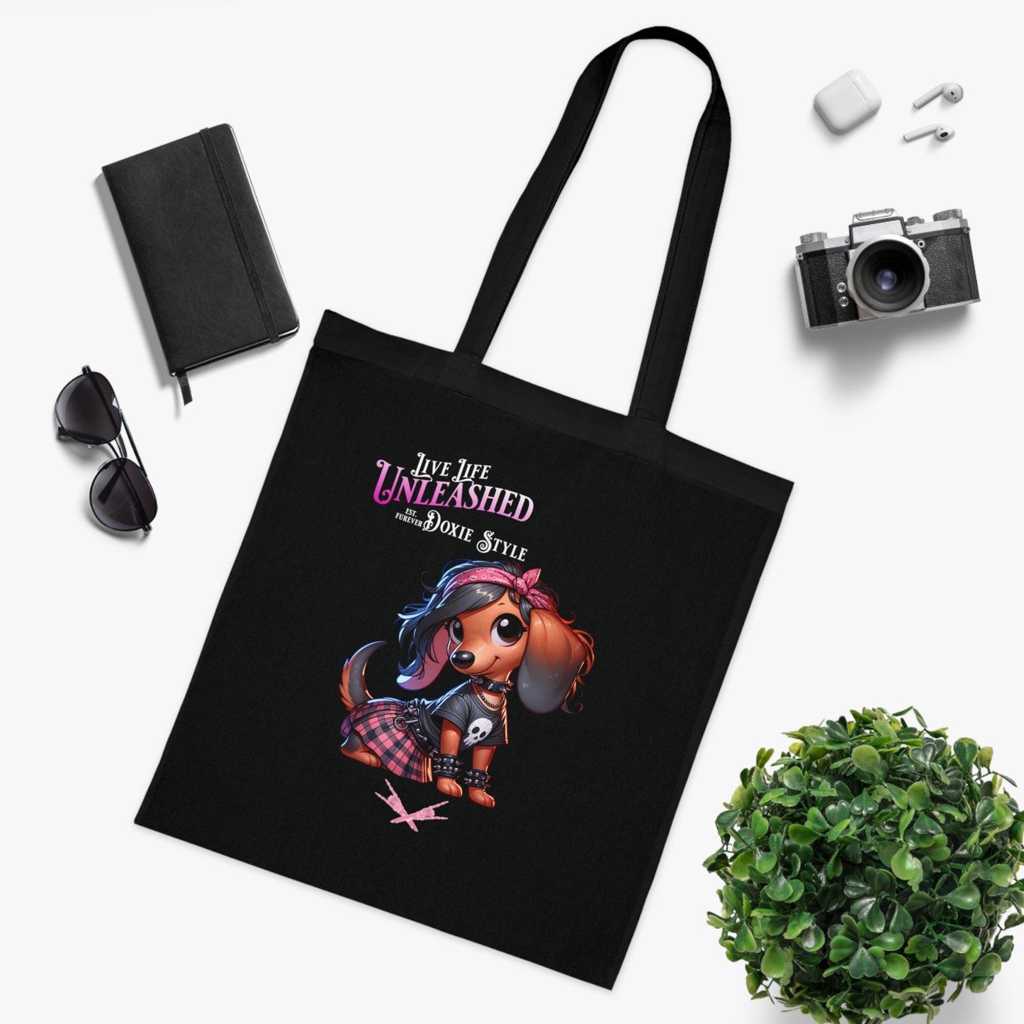 Dachshund Cotton Tote — "Unleashed Dog Style" Cute Goth Pet Lover Bag