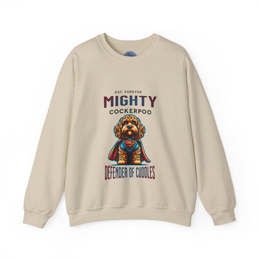 Mighty Cockerpoo Sweatshirt, Defender of Cuddles, Pet Lover Gift, Cozy Apparel, Dog-Themed Sweater, Funny Dog Merchandise