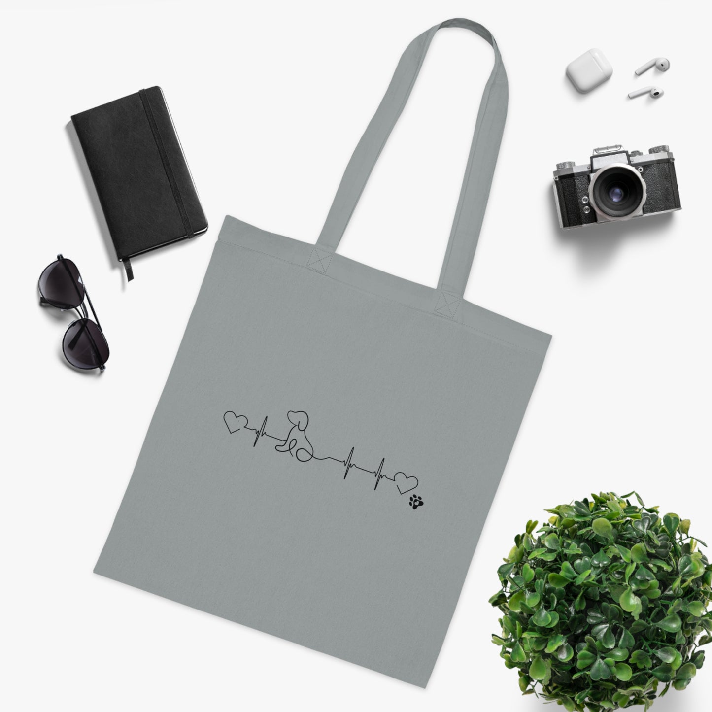 Dog Mom Cotton Tote — Heartbeat Paw Line Art Reusable Grocery & Gift Bag