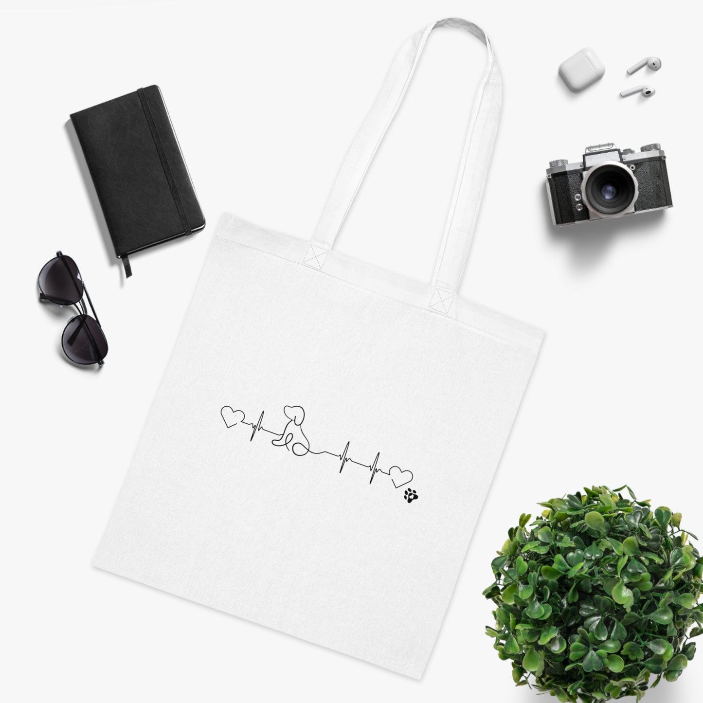 Dog Mom Cotton Tote — Heartbeat Paw Line Art Reusable Grocery & Gift Bag
