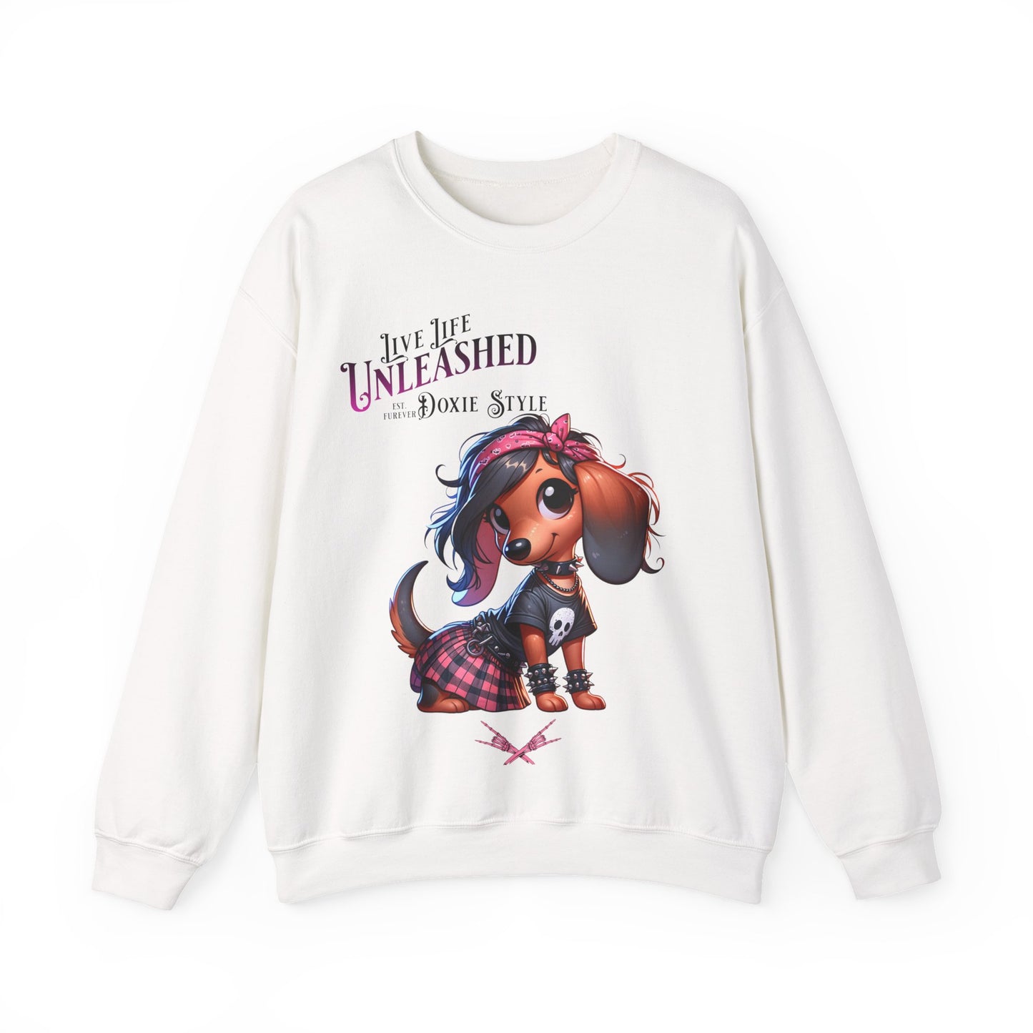 Dachshund Sweatshirt — "Live Life Unleashed" Punk Dog Crewneck