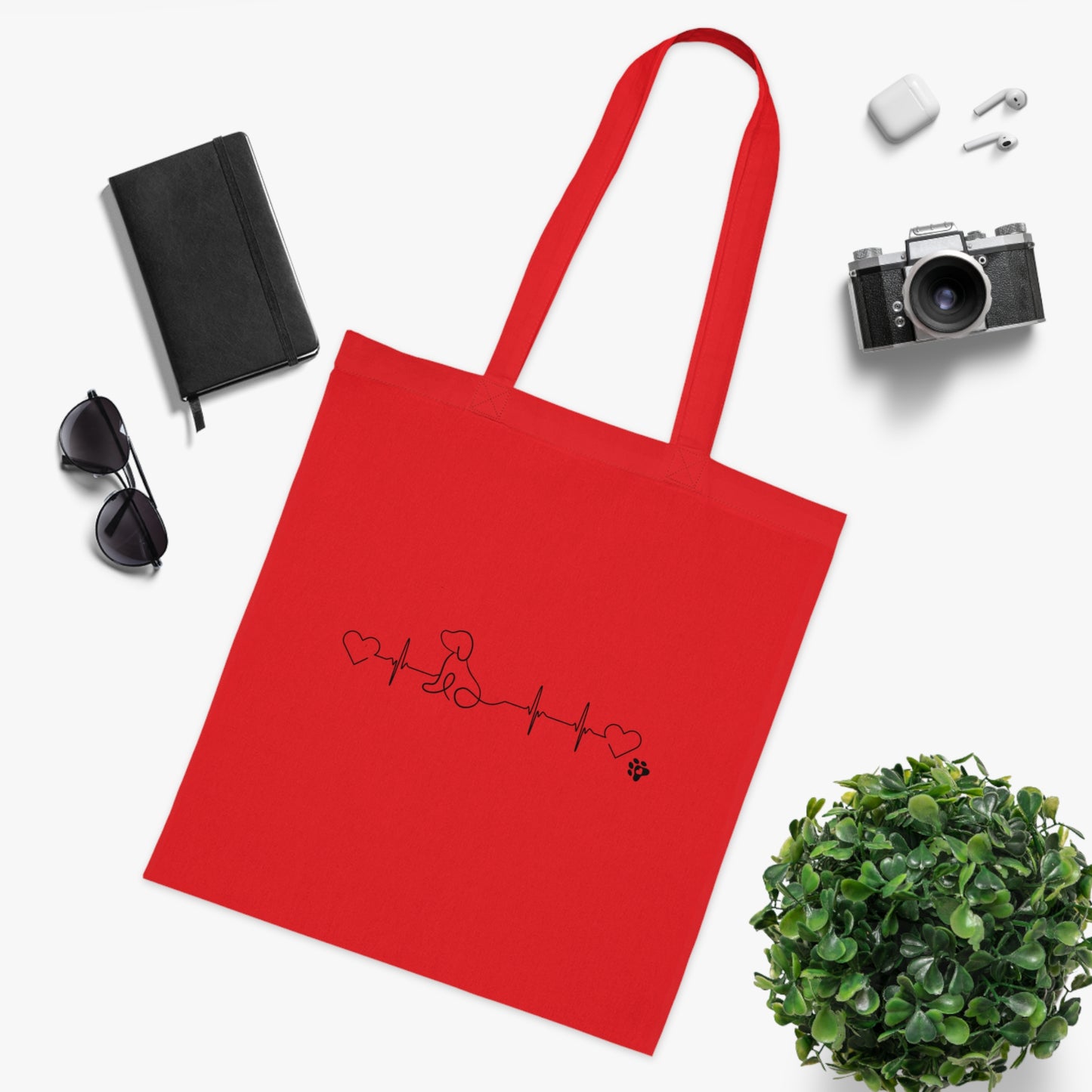 Dog Mom Cotton Tote — Heartbeat Paw Line Art Reusable Grocery & Gift Bag
