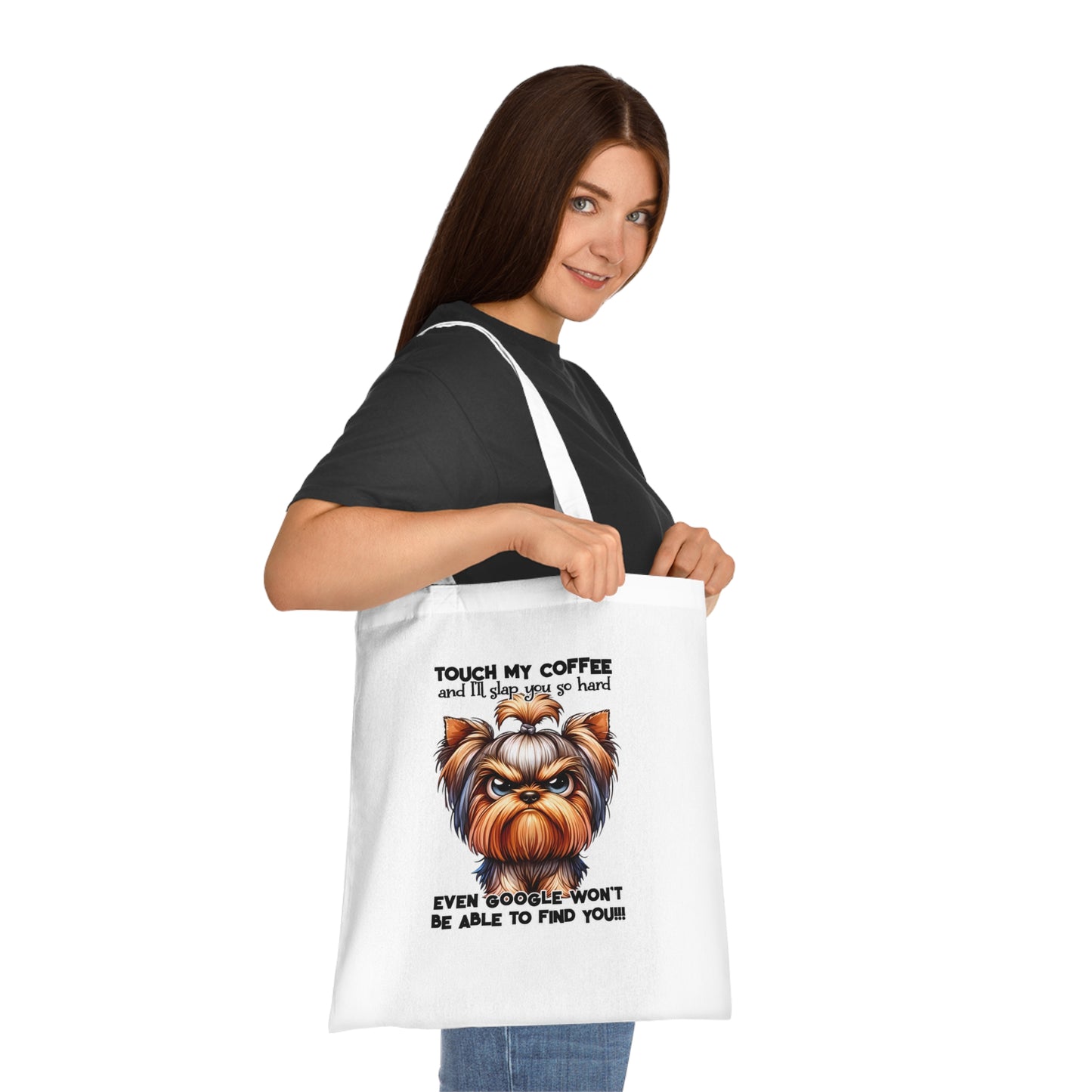 Funny Yorkie Tote Bag – “Touch My Coffee and I’ll Slap You” Cotton Tote for Dog Lovers, Coffee Fans & Gifts