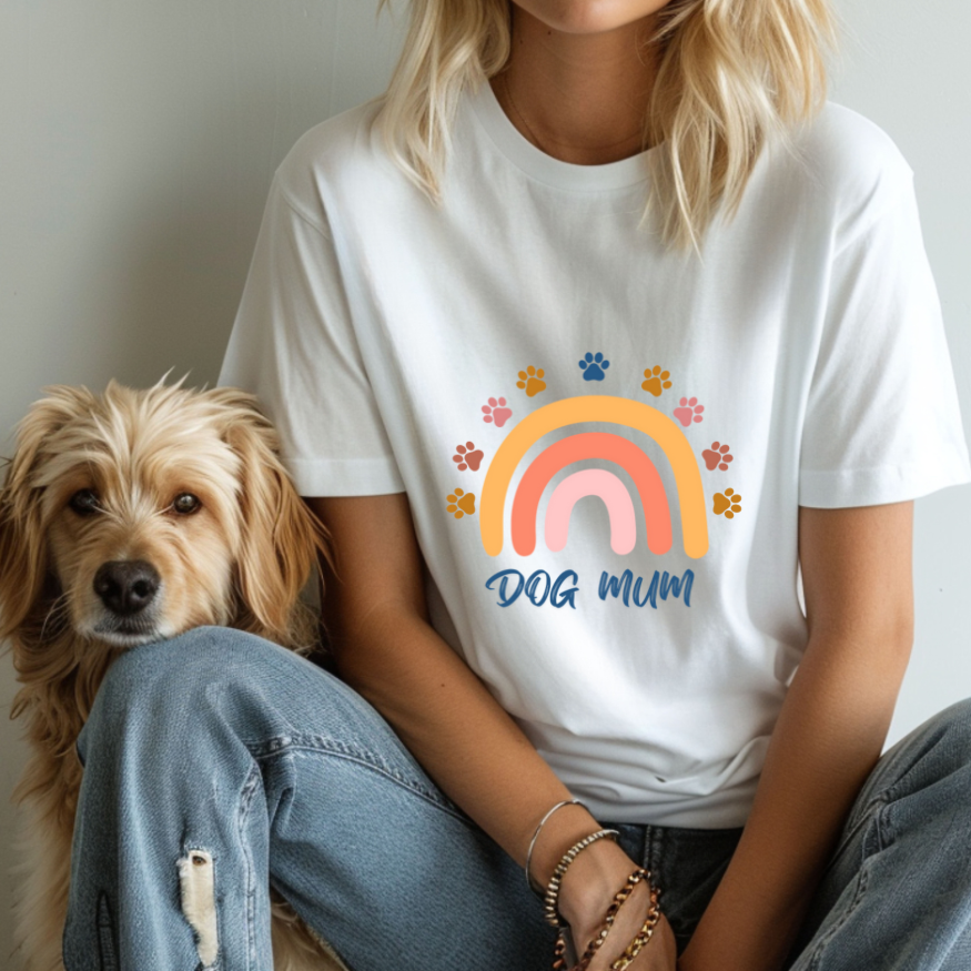Dog Mum Retro Rainbow Tee, Unisex Heavy Cotton Tee, Pet Lover Gift, Dog Mom Shirt, Colourful T-Shirt for Dog Owners, Casual Wear