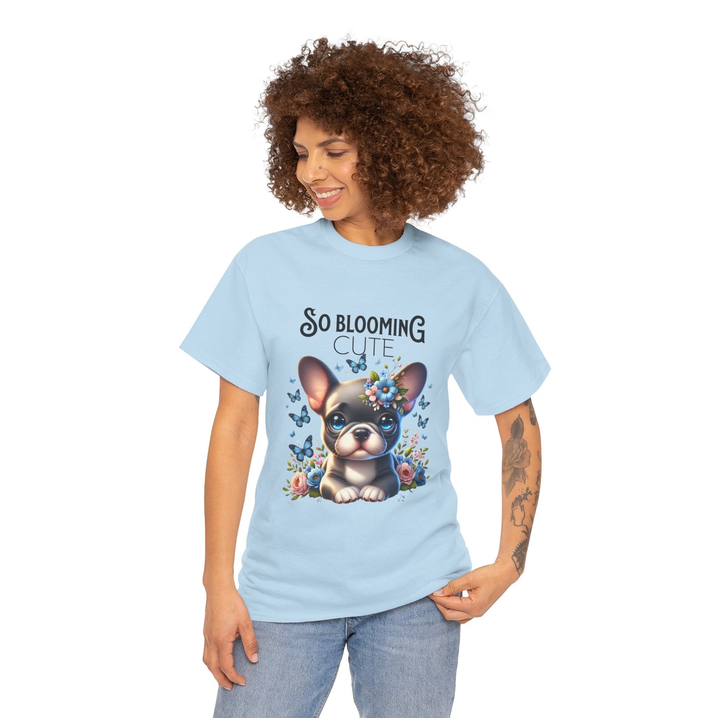 Cute Floral French Bulldog Tee, So Blooming Cute Dog Shirt, Unisex Heavy Cotton T-Shirt, Pet Lover Gift, Spring and Summer Outfit