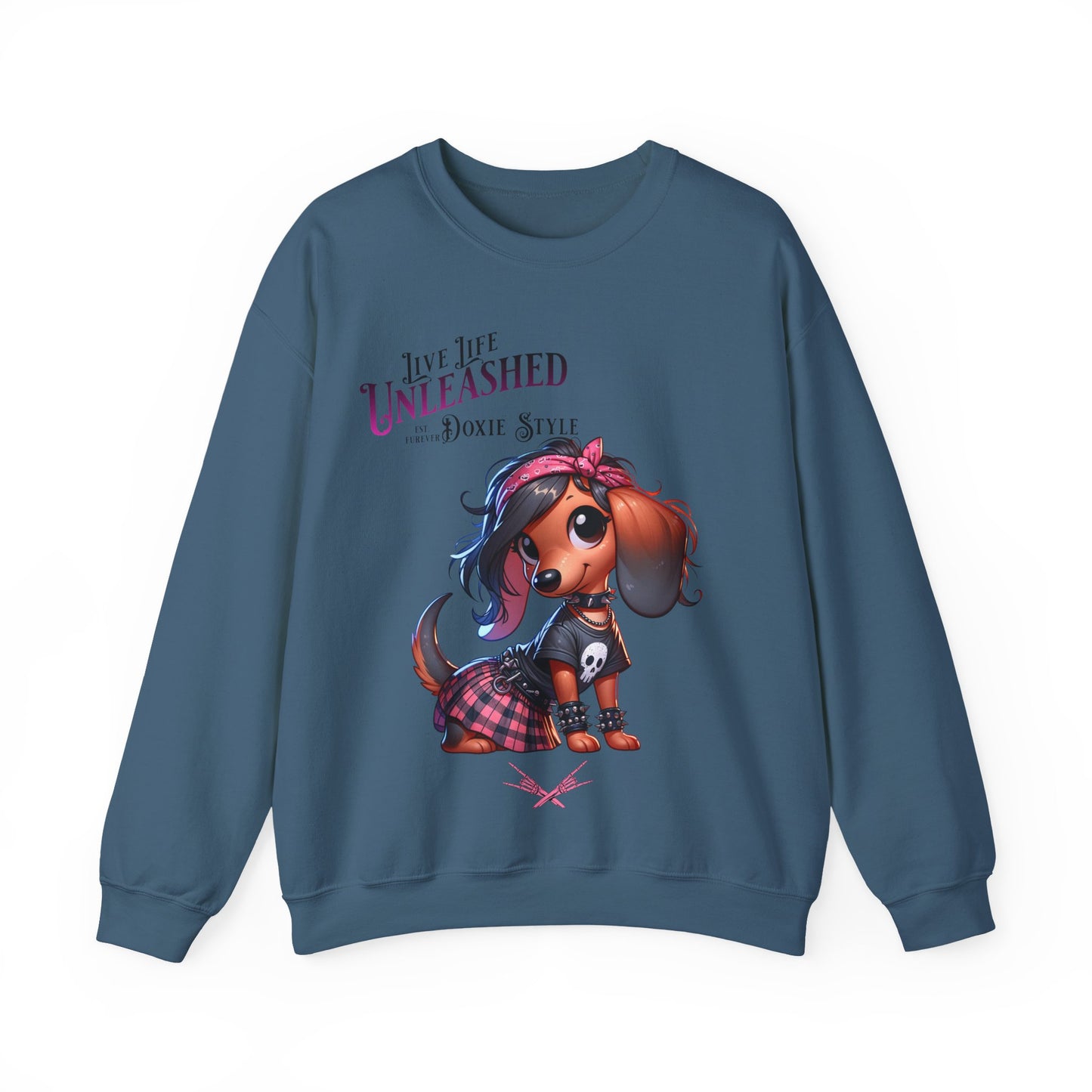 Dachshund Sweatshirt — "Live Life Unleashed" Punk Dog Crewneck