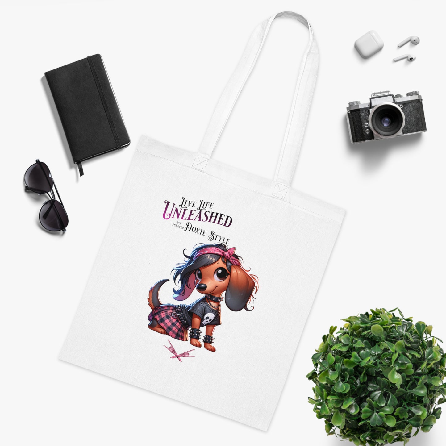Dachshund Cotton Tote — "Unleashed Dog Style" Cute Goth Pet Lover Bag