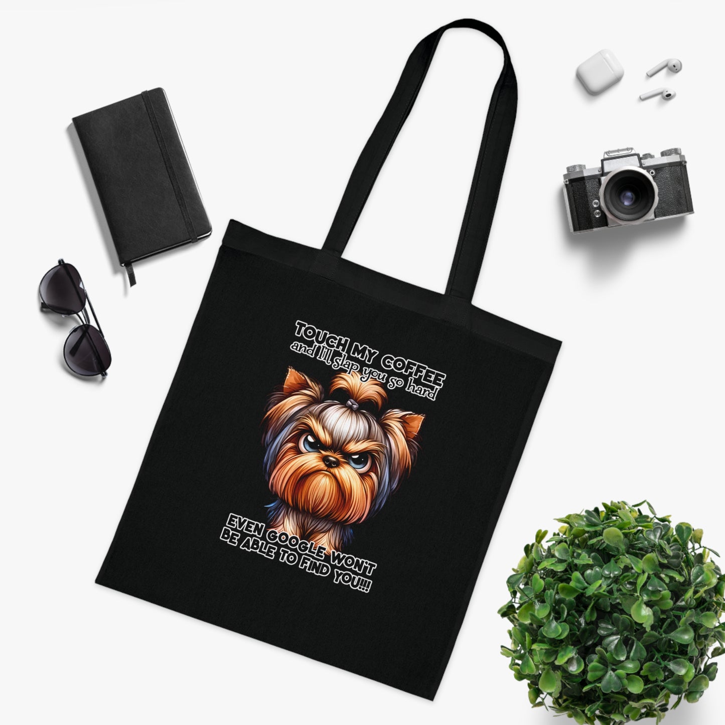 Funny Yorkie Tote Bag – “Touch My Coffee and I’ll Slap You” Cotton Tote for Dog Lovers, Coffee Fans & Gifts