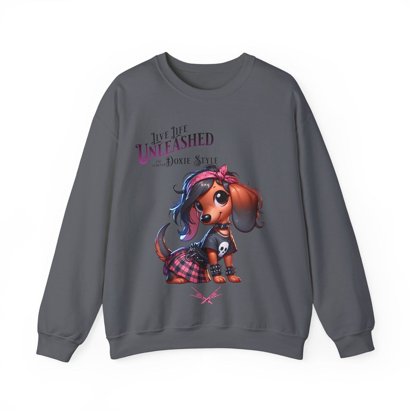 Dachshund Sweatshirt — "Live Life Unleashed" Punk Dog Crewneck