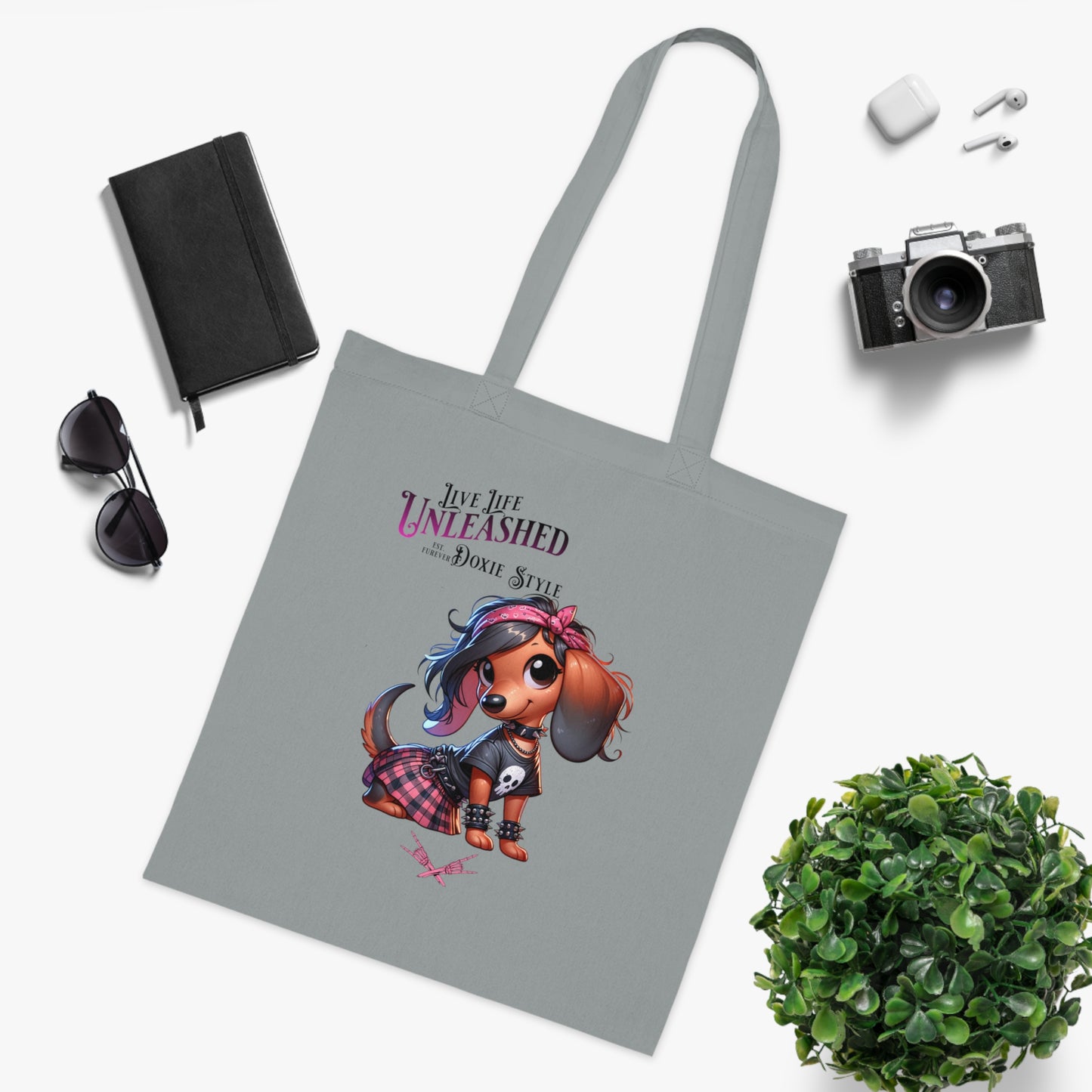 Dachshund Cotton Tote — "Unleashed Dog Style" Cute Goth Pet Lover Bag