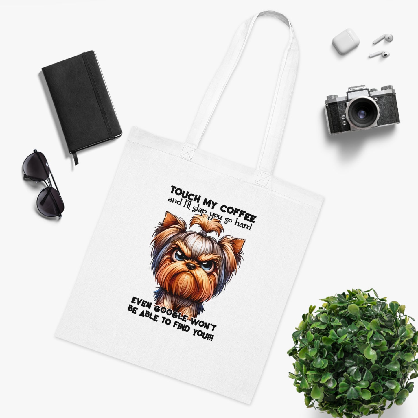 Funny Yorkie Tote Bag – “Touch My Coffee and I’ll Slap You” Cotton Tote for Dog Lovers, Coffee Fans & Gifts